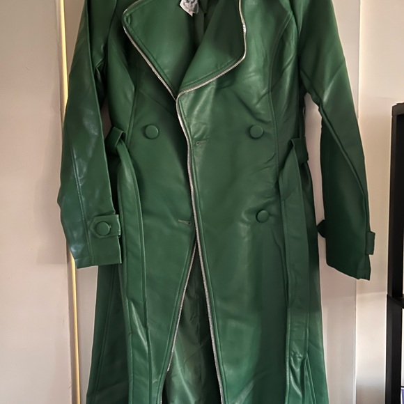 Green Faux Leather Trench Coat